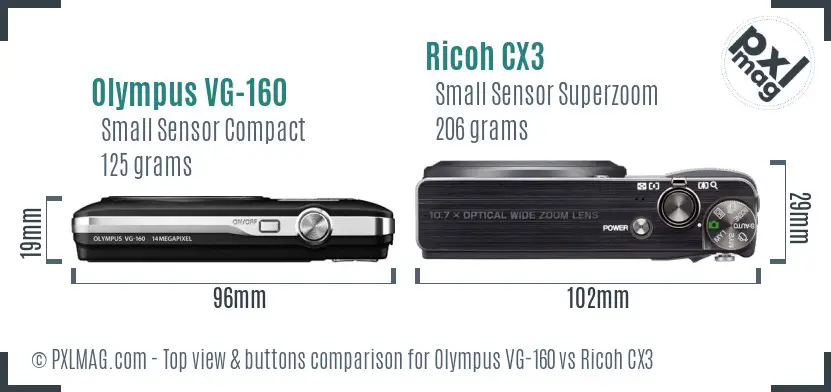 Olympus VG-160 vs Ricoh CX3 top view buttons comparison Olympus VG-160 vs Ricoh CX3 top view buttons comparison