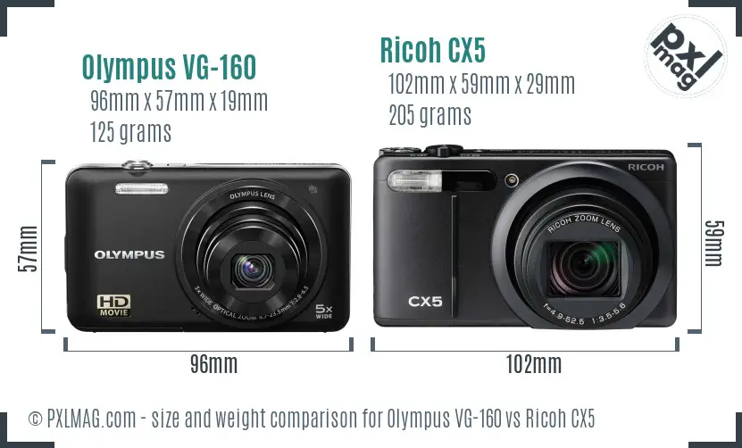 Olympus VG-160 vs Ricoh CX5 size comparison