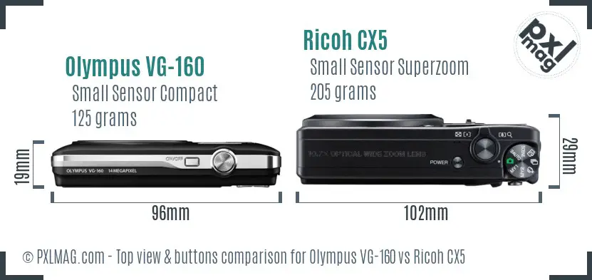 Olympus VG-160 vs Ricoh CX5 top view buttons comparison