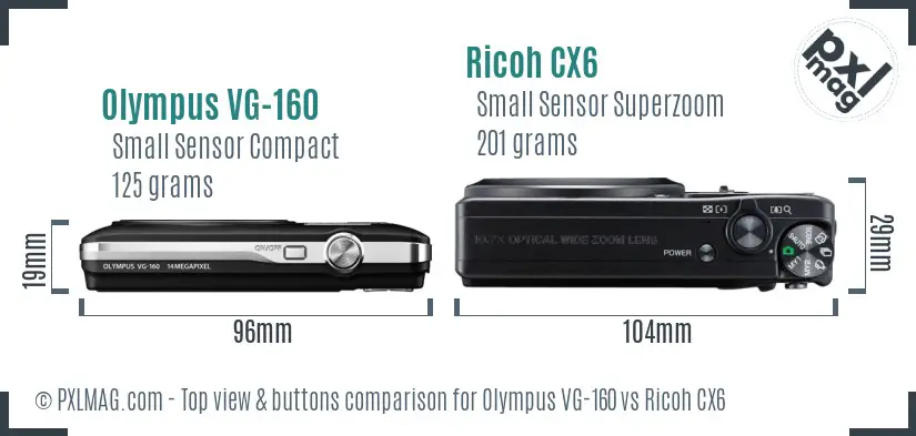 Olympus VG-160 vs Ricoh CX6 top view buttons comparison