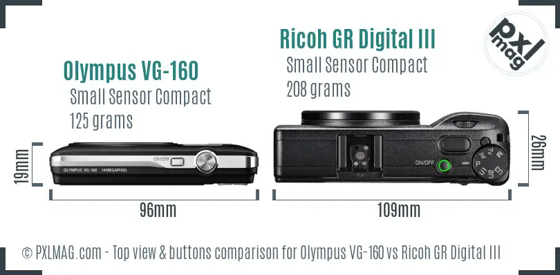 Olympus VG-160 vs Ricoh GR Digital III top view buttons comparison
