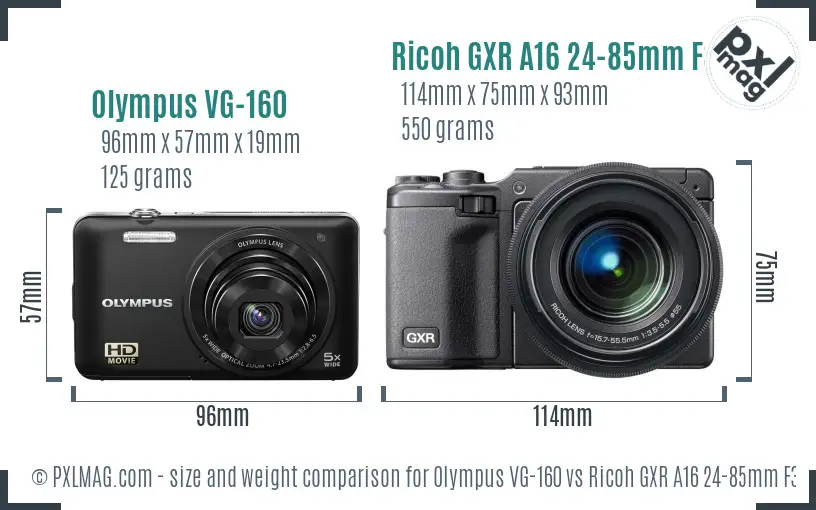 Olympus VG-160 vs Ricoh GXR A16 24-85mm F3.5-5.5 size comparison