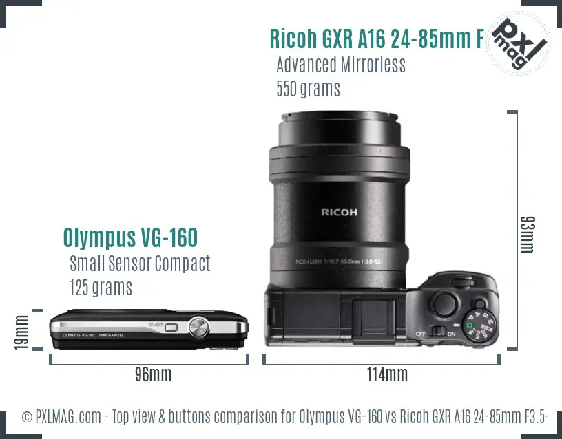 Olympus VG-160 vs Ricoh GXR A16 24-85mm F3.5-5.5 top view buttons comparison