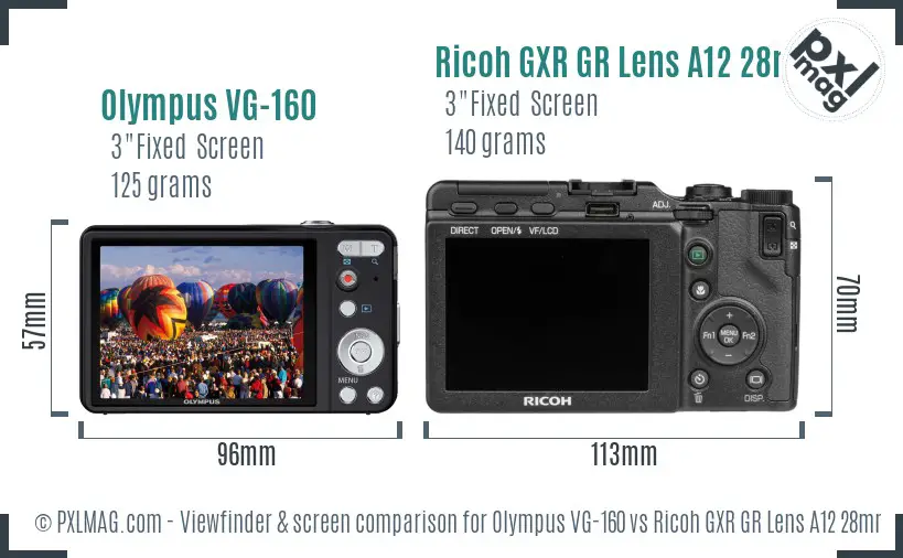 Olympus VG-160 vs Ricoh GXR GR Lens A12 28mm F2.5 Screen and Viewfinder comparison