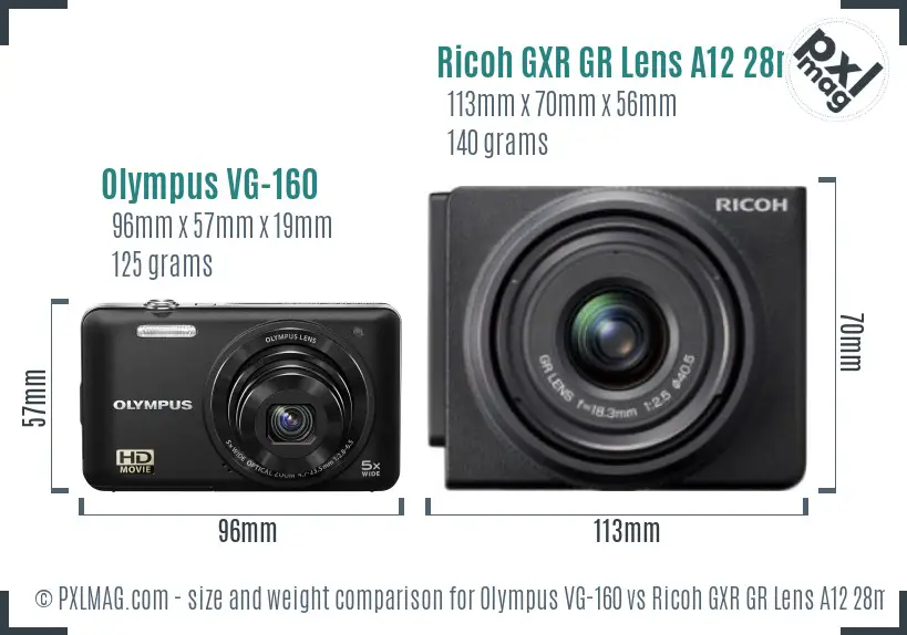 Olympus VG-160 vs Ricoh GXR GR Lens A12 28mm F2.5 size comparison