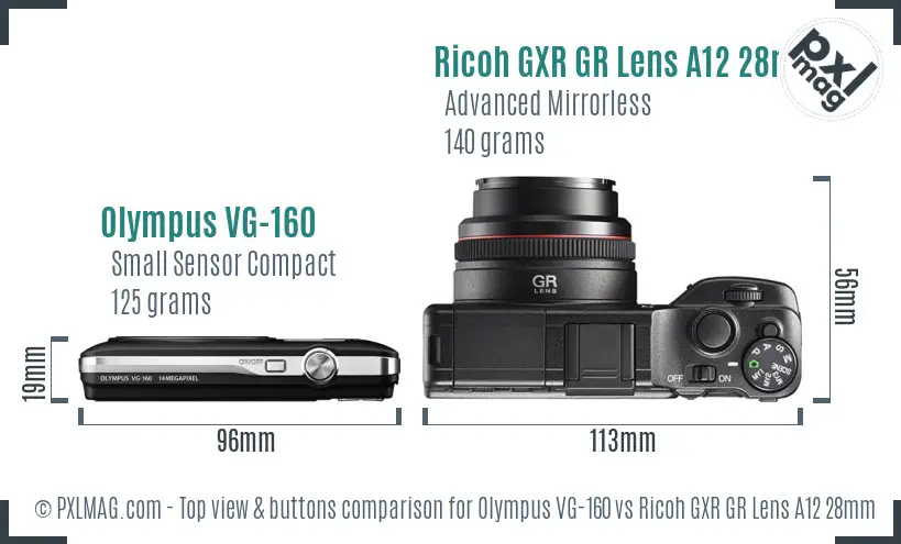 Olympus VG-160 vs Ricoh GXR GR Lens A12 28mm F2.5 top view buttons comparison