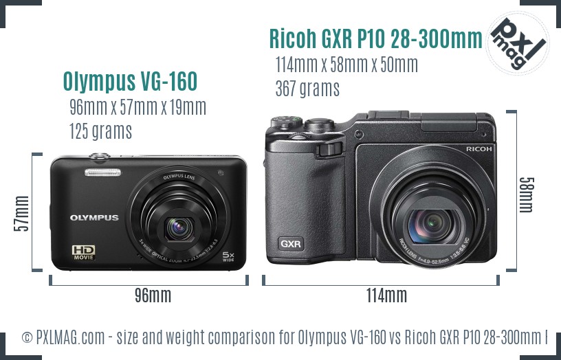 Olympus VG-160 vs Ricoh GXR P10 28-300mm F3.5-5.6 VC size comparison