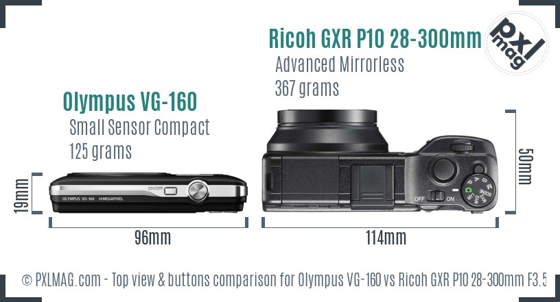 Olympus VG-160 vs Ricoh GXR P10 28-300mm F3.5-5.6 VC top view buttons comparison
