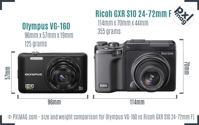 Olympus VG-160 vs Ricoh GXR S10 24-72mm F2.5-4.4 VC size comparison