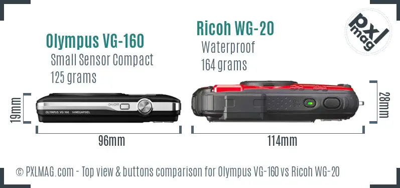 Olympus VG-160 vs Ricoh WG-20 top view buttons comparison Olympus VG-160 vs Ricoh WG-20 top view buttons comparison
