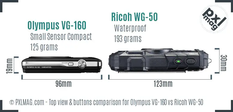 Olympus VG-160 vs Ricoh WG-50 top view buttons comparison