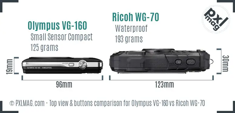 Olympus VG-160 vs Ricoh WG-70 top view buttons comparison Olympus VG-160 vs Ricoh WG-70 top view buttons comparison
