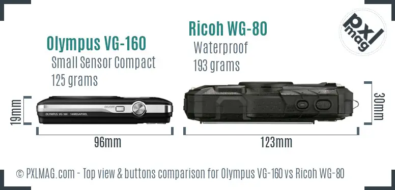 Olympus VG-160 vs Ricoh WG-80 top view buttons comparison Olympus VG-160 vs Ricoh WG-80 top view buttons comparison