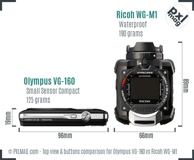 Olympus VG-160 vs Ricoh WG-M1 top view buttons comparison Olympus VG-160 vs Ricoh WG-M1 top view buttons comparison