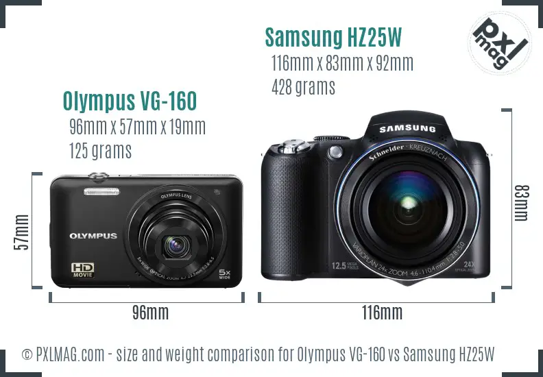 Olympus VG-160 vs Samsung HZ25W size comparison