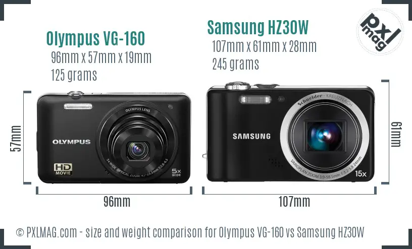 Olympus VG-160 vs Samsung HZ30W size comparison