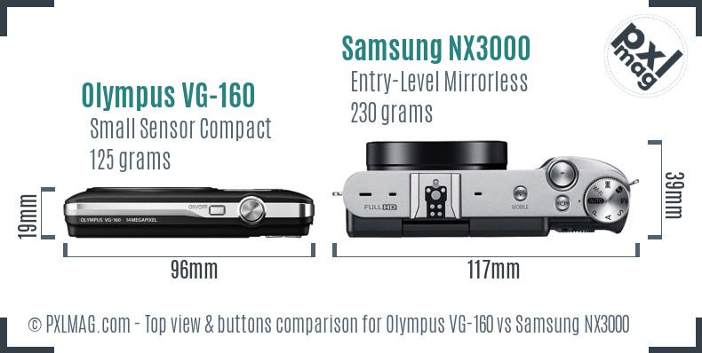 Olympus VG-160 vs Samsung NX3000 top view buttons comparison