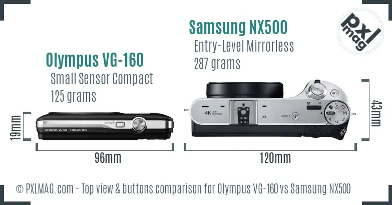 Olympus VG-160 vs Samsung NX500 top view buttons comparison