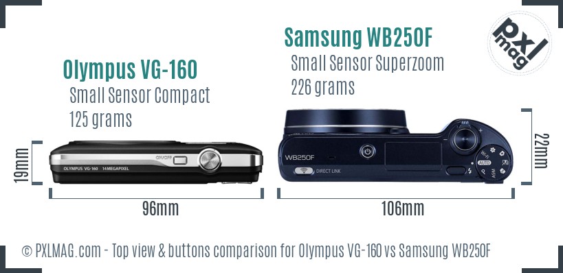 Olympus VG-160 vs Samsung WB250F top view buttons comparison