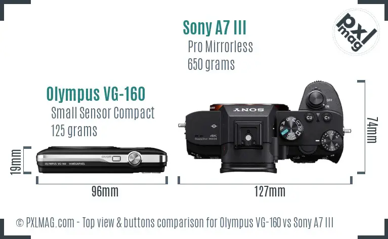Olympus VG-160 vs Sony A7 III top view buttons comparison