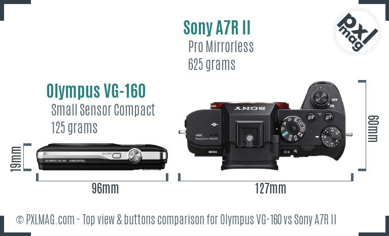 Olympus VG-160 vs Sony A7R II top view buttons comparison