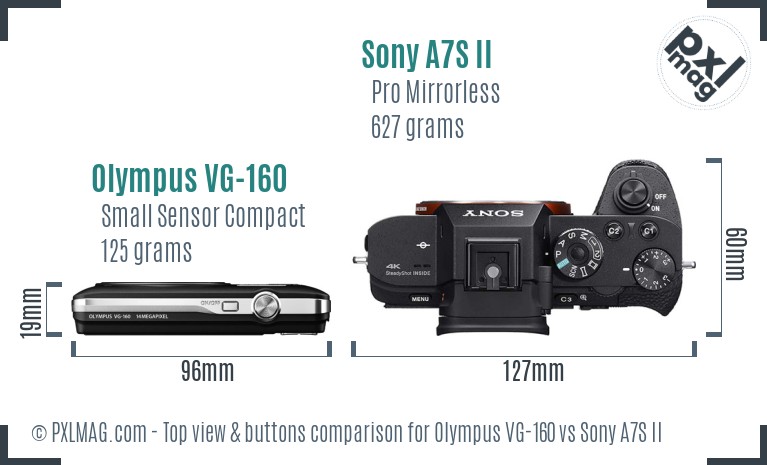 Olympus VG-160 vs Sony A7S II top view buttons comparison