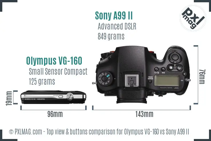 Olympus VG-160 vs Sony A99 II top view buttons comparison