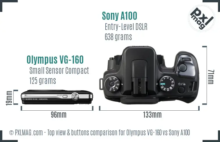 Olympus VG-160 vs Sony A100 top view buttons comparison