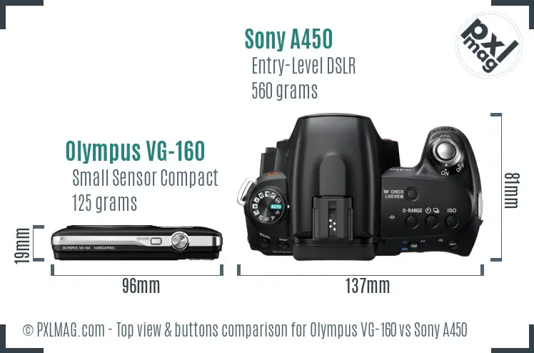 Olympus VG-160 vs Sony A450 top view buttons comparison