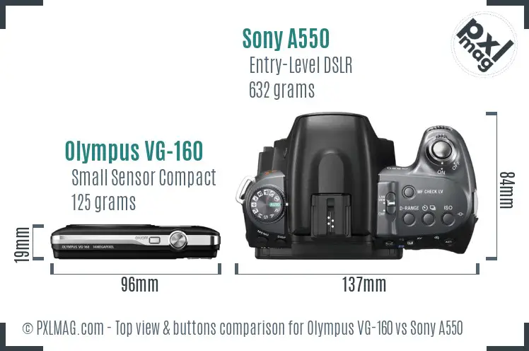 Olympus VG-160 vs Sony A550 top view buttons comparison