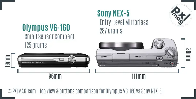 Olympus VG-160 vs Sony NEX-5 top view buttons comparison
