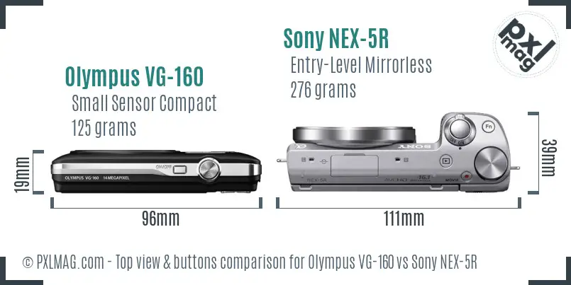 Olympus VG-160 vs Sony NEX-5R top view buttons comparison