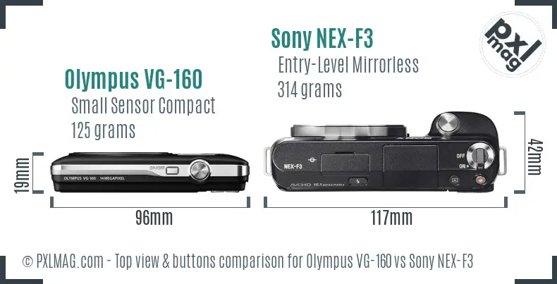 Olympus VG-160 vs Sony NEX-F3 top view buttons comparison