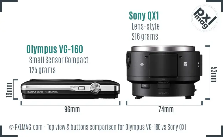 Olympus VG-160 vs Sony QX1 top view buttons comparison
