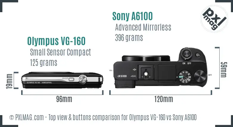 Olympus VG-160 vs Sony A6100 top view buttons comparison
