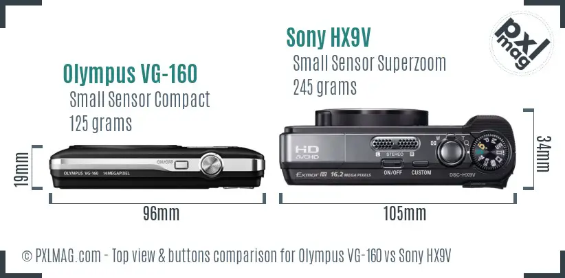 Olympus VG-160 vs Sony HX9V top view buttons comparison