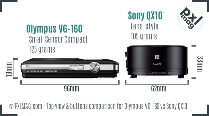 Olympus VG-160 vs Sony QX10 top view buttons comparison