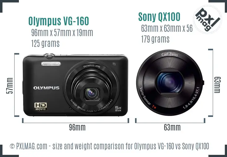 Olympus VG-160 vs Sony QX100 size comparison