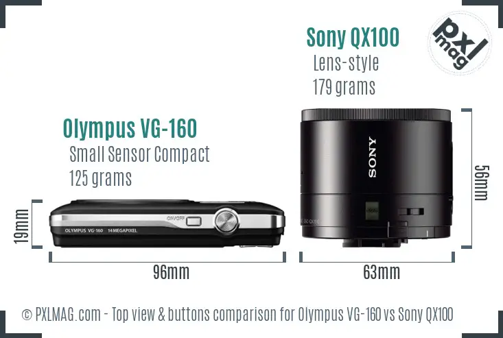 Olympus VG-160 vs Sony QX100 top view buttons comparison