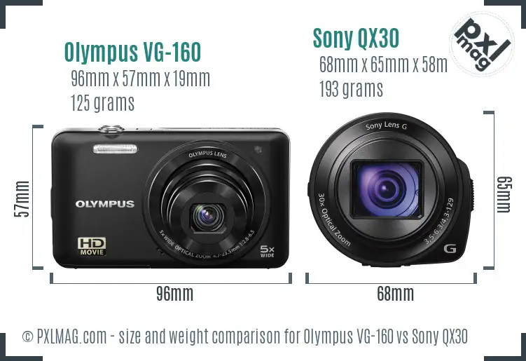 Olympus VG-160 vs Sony QX30 size comparison