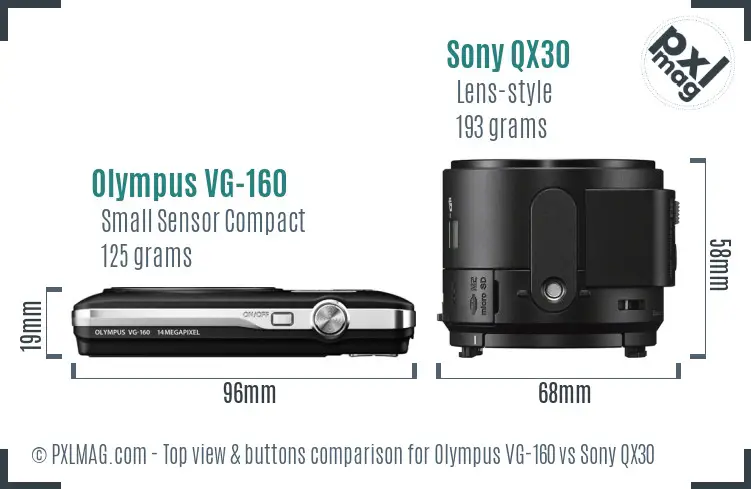 Olympus VG-160 vs Sony QX30 top view buttons comparison