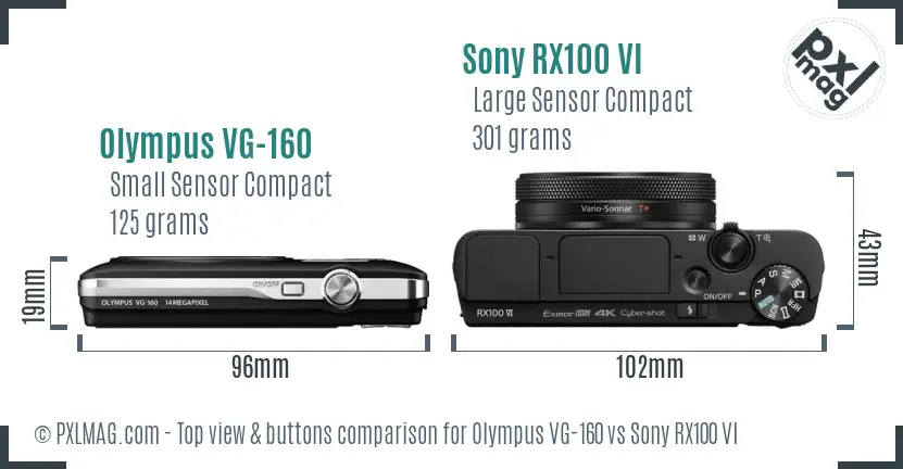 Olympus VG-160 vs Sony RX100 VI top view buttons comparison