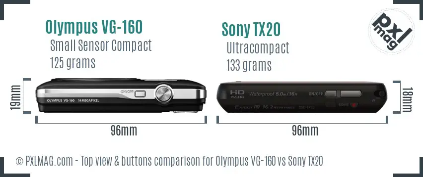 Olympus VG-160 vs Sony TX20 top view buttons comparison