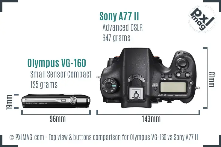 Olympus VG-160 vs Sony A77 II top view buttons comparison