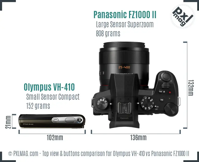 Olympus VH-410 vs Panasonic FZ1000 II top view buttons comparison