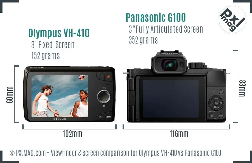 Olympus VH-410 vs Panasonic G100 Screen and Viewfinder comparison