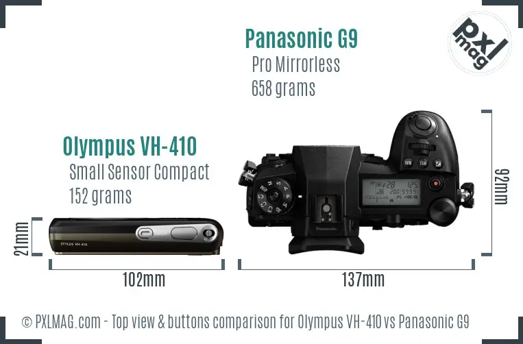 Olympus VH-410 vs Panasonic G9 top view buttons comparison