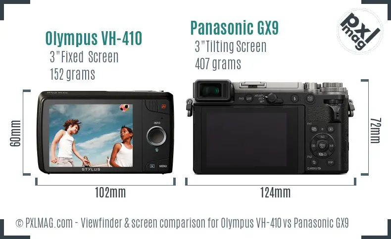 Olympus VH-410 vs Panasonic GX9 Screen and Viewfinder comparison