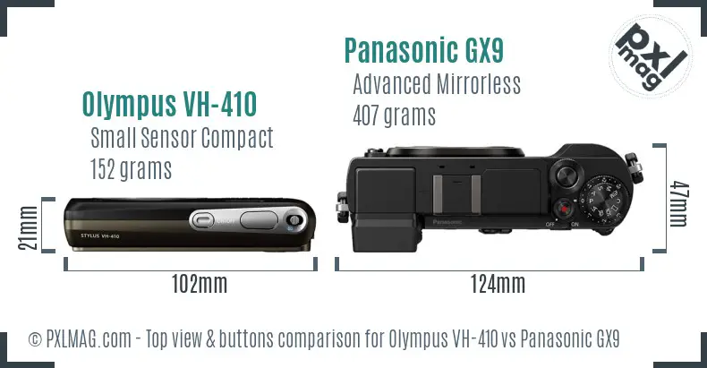 Olympus VH-410 vs Panasonic GX9 top view buttons comparison