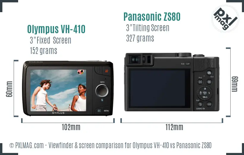 Olympus VH-410 vs Panasonic ZS80 Screen and Viewfinder comparison